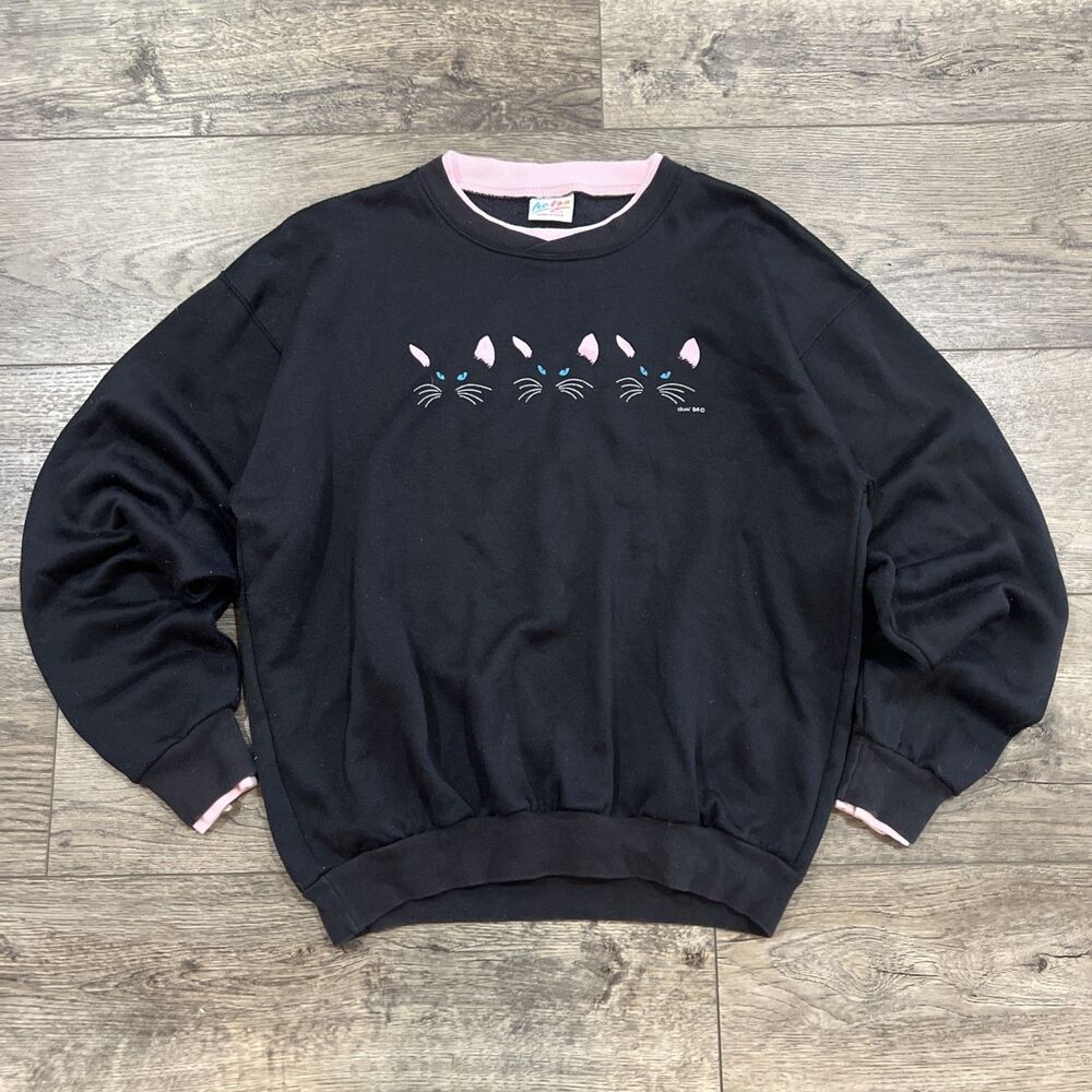 Vintage 80s Acton 3 Cat Silhouette Black Sweatshirt Double Collar/Cuffs - XL